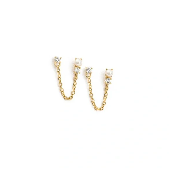 Julia Double Studs Elegant Gold Chain Earrings - Picture 1 of 5